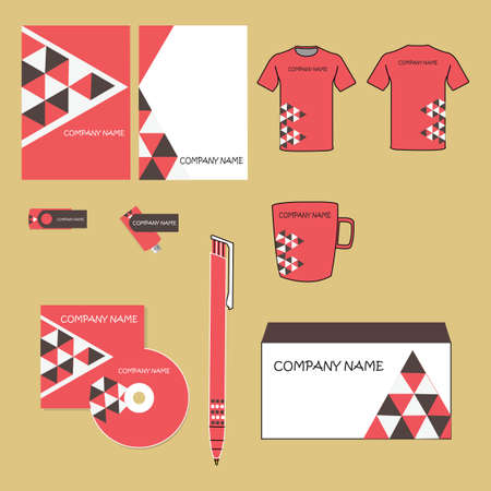 Vector corporate identity design. Red and brown geometric triangle shapes pyramid. Classic stationery templates set. business documentation. Envelope, letterhead, pen, usb flash drive, cd diskのイラスト素材