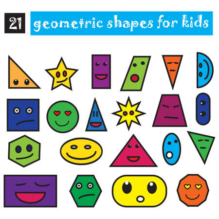 Funny geometric shapes set of 21 icons. Cartoon flat design for children. Colored smiling objects isolated on white background. can be used for kids in kindergartens, schools. Vector illustrationsのイラスト素材