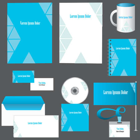 Vector corporate identity design. Blue and white abstract geometric triangle shapes pyramid. Classic stationery set. business documentation. Envelope, letterhead, cd disk, business card templatesのイラスト素材