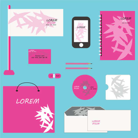 Vector corporate identity design. Pink abstract geometric palm leaves combination. Business stationery set. Envelope, notebook, cd disk, business card, flag,  usb, package, pencil templatesのイラスト素材