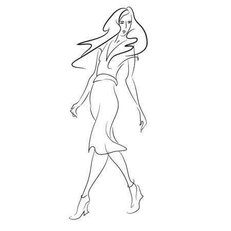 Abstract painting with woman in long dress walking.  Fashionable sketch for your design. Fashion girl in sketch-style. Vector. For posters, banners, magazines and T-shirt designのイラスト素材