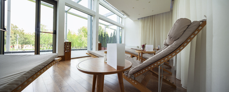 deck chairs in relaxation room copy space