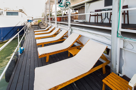 outdoor river restaurant on boat . beautiful patioの写真素材