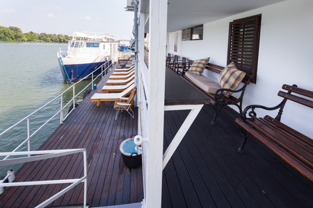 outdoor river restaurant on boat . beautiful patioの写真素材