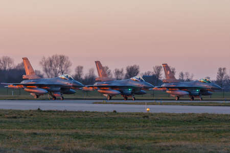 Leeuwarden Feb 6 2018: Night flight Exercise. Three F-16 Fighting Falcon's preparing for take off...