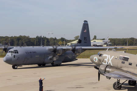 Eindhoven Netherlands sept. 20. 2019: A C-130 Hercules from Rammstein airbase is returning to pick...