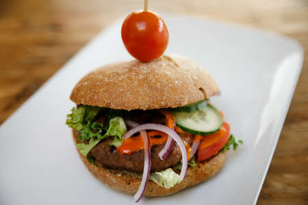 A burger isolated on a white plate with negative space.