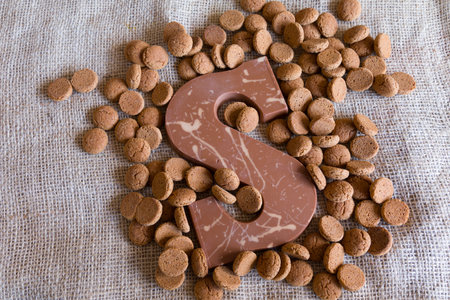 Dutch Sinterklaas tradition: A chocolate letter and candy called Pepernoten on a jute background.の写真素材