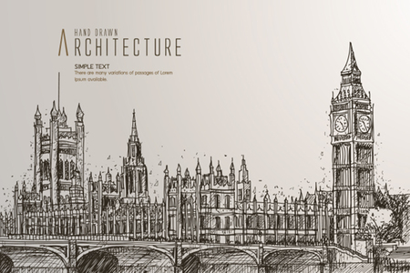 The Big Ben, the Houses of Parliament and Westminster Bridge in Londonのイラスト素材