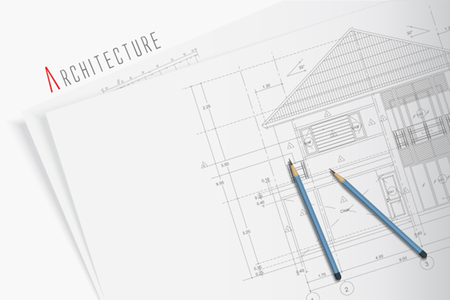 Architectural blueprints and two blue pencilsのイラスト素材