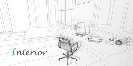 Vector interior sketch design of bedroom.のイラスト素材