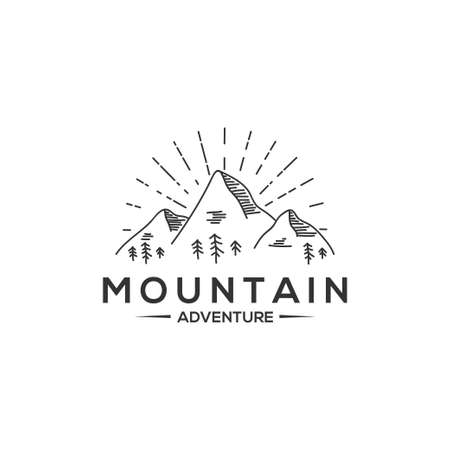 Mountain adventure logo design vector, sunset outdoor graphic illustration with peak silhouetteのイラスト素材