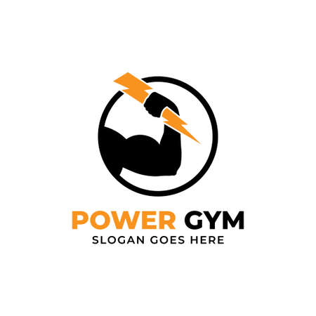 Power gym fitness center logo design badge vector with kettle bell and lighting vector illustration , best for gym training logo brand templateのイラスト素材