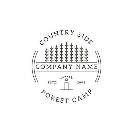 Minimalist countryside forest camp outline logo badge vector, traditional building architecture vector illustrationsのイラスト素材