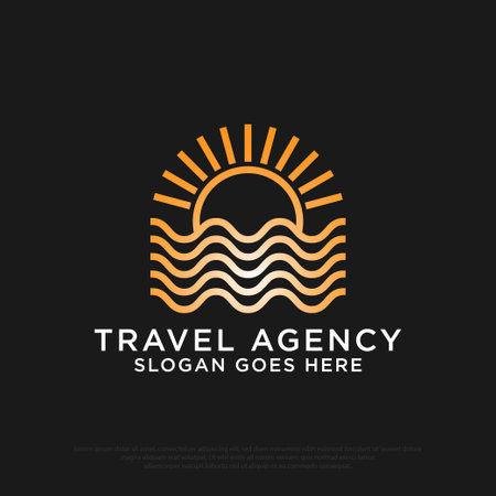 Summer Tour and travel Agency logo with sun burst outline vector illustration, best for travel, holiday, outdoor activity icon logo designs line artのイラスト素材