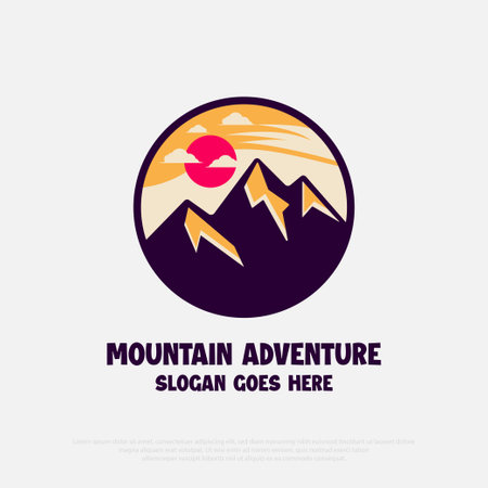 Mountains and sun logo template. Vector illustration of a mountain landscape.のイラスト素材