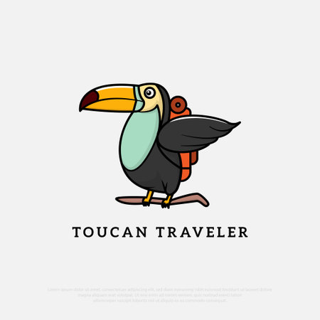 cute Toucan Traveler logo design vector. The creative concept of traveling. cute birds cartoon vector flat style illustrationのイラスト素材