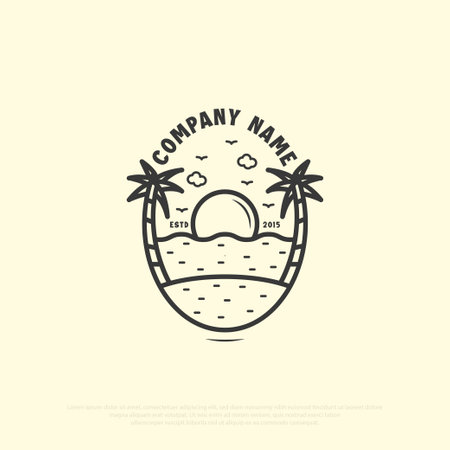 Tropical summer beach logo design, travel outdoor agency vector illustration in line art style.のイラスト素材