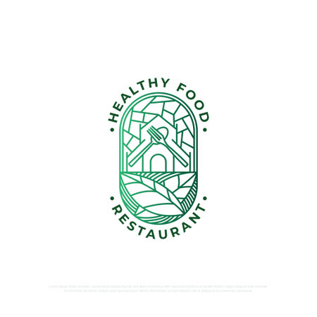 Vegan Rural Restaurant logo design with line art style , a restaurant with a rural concept that provides traditional organic food and drinks line art vector illustrationHealthy Food Restaurant logo design , a restaurant with a rural concept that provides traditional organic beverages vector illustration templateのイラスト素材
