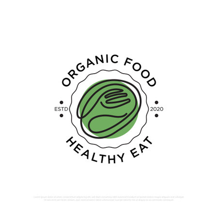 Organic food logo design inspiration, fresh and nature food and beverages restaurant vector illustration with line art styleのイラスト素材