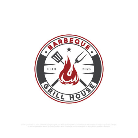 Hot grill barbecue logo design badge, retro grill house and bar icon vector illustrations emblem templateのイラスト素材
