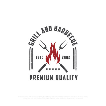 Grill house barbecue  logo design with grunge style, retro BBQ vector, barbeque bar and restaurant icon, Red fire vector illustrationのイラスト素材