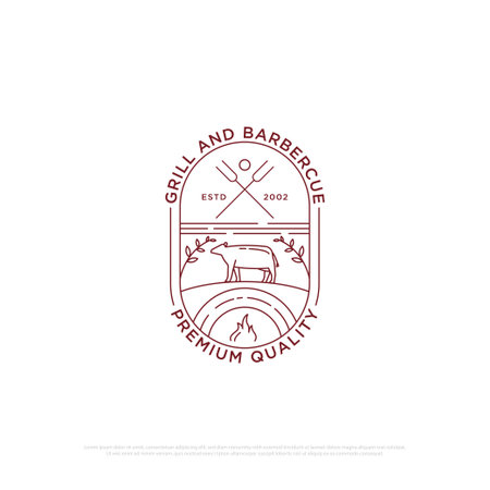 Grill house BBQ logo design with outline style, grill barbeque bar and restaurant icon, Red fire vector illustrationのイラスト素材