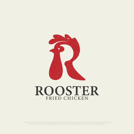 Letter R Rooster Fried chicken logo design with grunge style, letter R, Rooster silhouette icon vector illustrationのイラスト素材