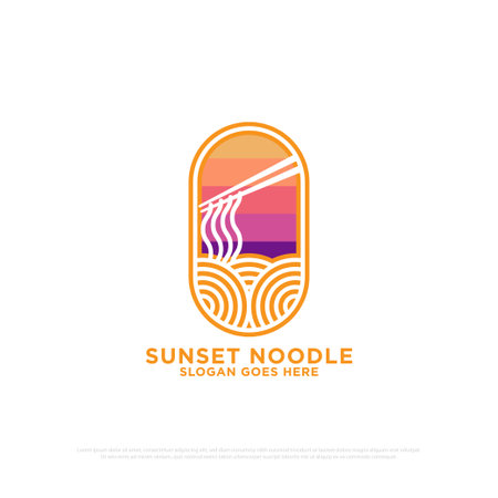 sunset noodle logo design vector, outline food and beverages vector illustration, nature outdoor cafe shop modern logo templateのイラスト素材