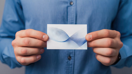 Person holds a card with light blue designの素材