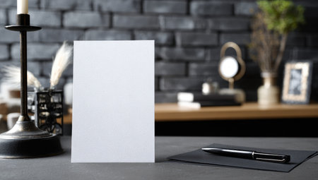 Blank card on a desk,  dark gray backdropの素材