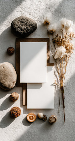 Blank cards, stones, dried flowers, earthy tones, minimalist aestheticの素材