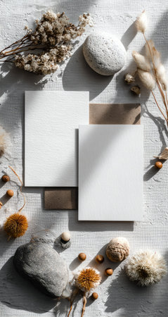 Blank cards, natural elements, sunlit designの素材