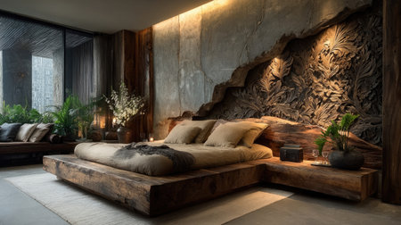 Rustic, modern bedroom with carved headboardの素材
