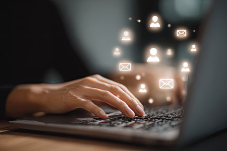 Hands typing on laptop, email &amp; user icons overlayの素材