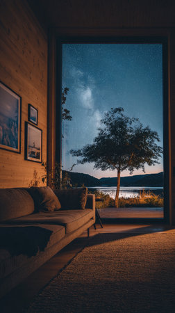 Cozy living room with lake view at twilightの素材