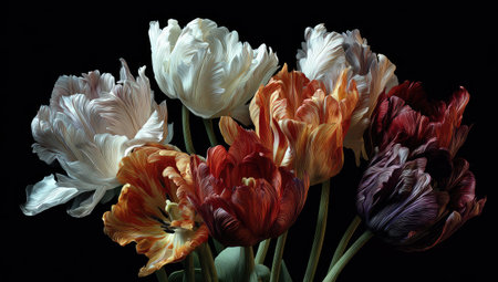 Closeup view of a bouquet of tulips in various shades of orange, red, and white. The flowers have a textured, ruffled appearance, with delicate petals.の素材