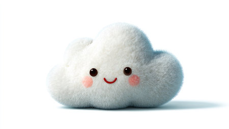 A fluffy, cloud-shaped plush toy with a happy expression. The toy is light gray with soft, light-blue accents, and has rosy pink blush-like details. The toy sits on a plain white background, highlighting its soft texture and cheerful design.  Perfect for use in children's product catalogs or educational materials.の素材