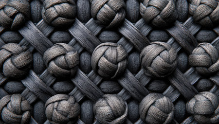 Close-up view of a dark gray woven pattern.  The pattern features crossed strips of material and round knotted balls arranged within the weave.  The image has a neutral, muted tone and a strong sense of texture.  Suitable for background textures, patterns, or design elements in commercial or editorial work.の素材
