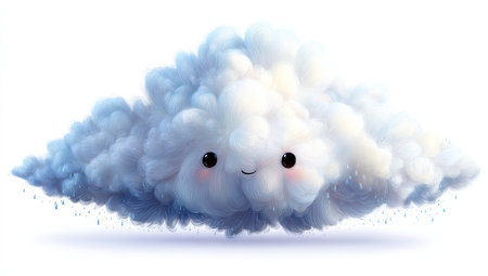 A cartoon cloud with a happy expression floats against a white background. Soft pastel colors and a stylized, whimsical design create a cheerful atmosphere. The cloud features a light-blue base that transitions to light-white on top, and light-blue accents for details. Raindrops are depicted falling from the bottom of the cloud. The image is well-suited for children's media or general illustration use.の素材