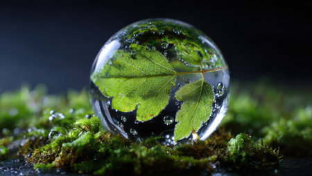 A transparent sphere rests on a bed of moss. A green leaf is encased within the sphere, reflecting light and displaying intricate detail. The sphere and moss are illuminated against a dark background, creating a serene scene. The image presents a visually appealing opportunity for use in commercial and editorial projects related to nature, environmental themes, or scientific imagery.の素材