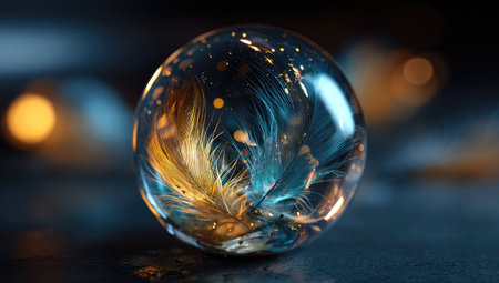 A clear, round sphere filled with intricate, abstract designs resembling feathers.  The colors are deep blues, golds, and amber.  The sphere is presented against a blurred, dark background with soft, warm, ambient lighting. The image is suitable for a variety of commercial and editorial uses.の素材