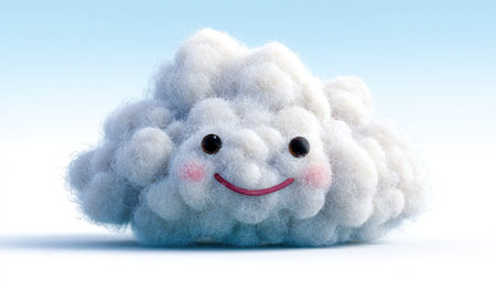 A fluffy, cartoonish cloud with a happy expression.  The cloud is light gray with soft textures and rosy pink cheeks and a smiling mouth.  The image is presented on a light blue background, in a studio setting. It is perfect for kids' content or educational resources.の素材