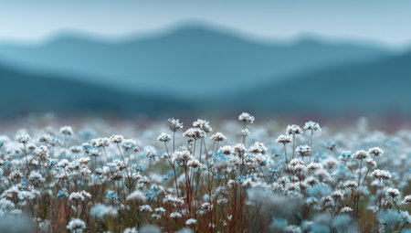 A field of small, delicate white flowers stretches across the image, with a soft, muted color palette. The flowers display a fluffy, feathery texture and are clustered in groups throughout the scene. The background features hazy, blue-gray mountains, softened by atmospheric perspective. The overall impression is calm and serene, with a suggestion of a tranquil outdoor setting.  Ideal for use in commercial and editorial contexts that need a soothing, natural image.の素材