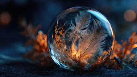 A clear glass sphere holds delicate dried feathers and plants. The sphere is illuminated by warm, ambient light, showcasing the intricate details of the organic material within. The sphere rests on a dark textured surface, surrounded by soft warm light and a dark background.  Perfect for commercial or editorial use in projects related to nature, art, or design.の素材