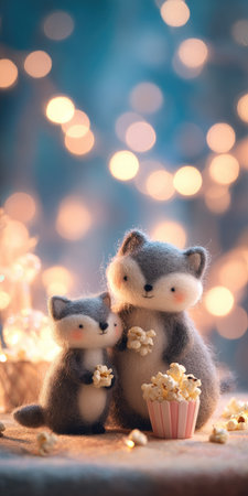 Two adorable, stuffed foxes, one small and one larger, stand together in a soft focus, warm-toned image.  The foxes appear to be crafted from wool or felt and are light gray.  They are holding flowers and surrounded by popcorn.  The lighting is warm and inviting, suggesting a cozy indoor setting.  The image is well-suited for commercial or editorial uses focused on children's products, crafts, or cute animals.の素材