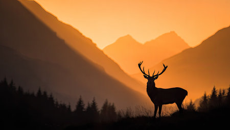 Silhouette of a deer standing in a mountain landscape at sunrise. Warm, golden tones highlight the mountain peaks and valleys, creating a serene atmosphere. The image is well-composed, featuring a clear subject against the background. The style is suitable for use in editorial or commercial contexts, such as nature magazines, brochures, or website backgrounds.の素材