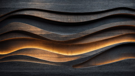 Abstract dark wood paneling with wavy patterns and recessed lighting. The deep brown tones and sculpted forms create a textured surface. The gentle curves and warm lighting suggest a sophisticated interior design element. Ideal for commercial and editorial use in architecture and design publications.の素材
