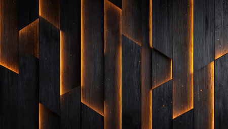 A dark wood paneling wall features a geometric design, with vertical and angled planks.  Warm, orange-yellow light shines through the channels between the planks. The image has a modern aesthetic, likely indoors.  Suitable for commercial or editorial use in design or architecture contexts.の素材