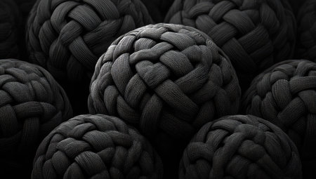 Close-up view of numerous dark gray spheres with intricate woven patterns.  The spheres are tightly clustered together, creating a visually dense image.  The lighting is low-key and highlights the textures. The overall style is abstract and modern, suitable for a variety of applications.の素材